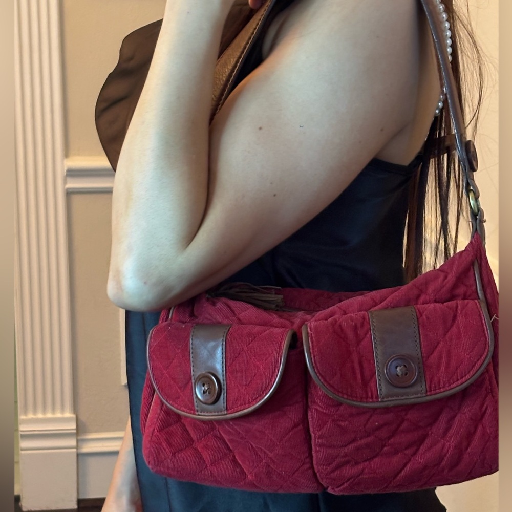 Vera Bradley Red Quilted Shoulder Bag with Brown Accents
